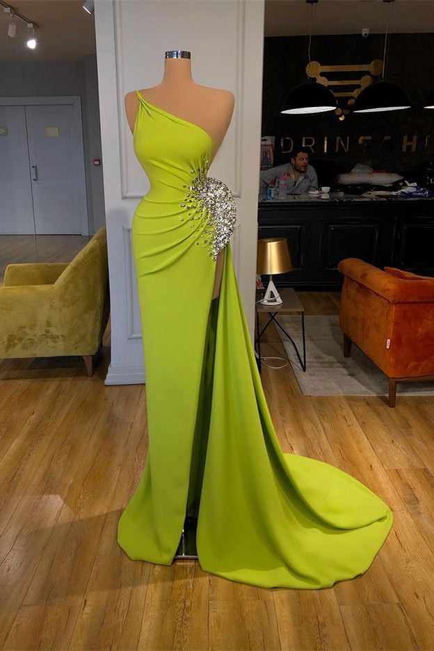 Elegant One Shoulder Mermaid Long Evening Dress With Beads Slit-stylesnuggle