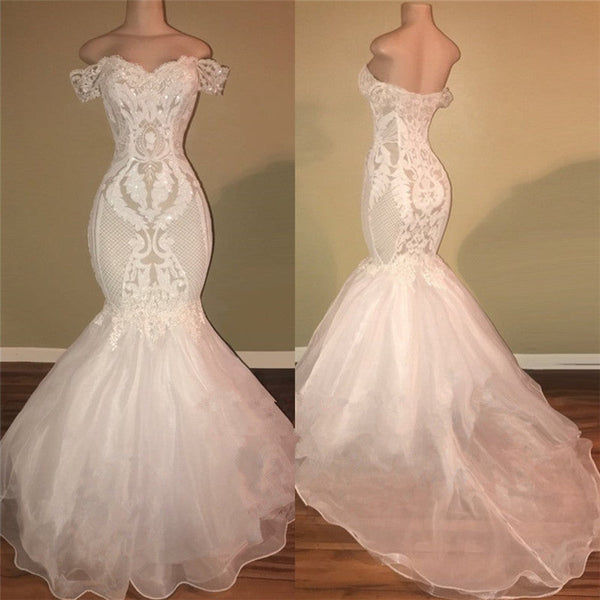 Elegant Organza Off-the-shoulder Mermaid Wedding Dress Sequins Long Lace-stylesnuggle