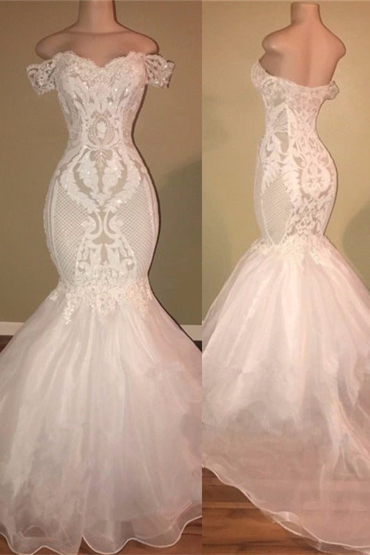 Elegant Organza Off-the-shoulder Mermaid Wedding Dress Sequins Long Lace-stylesnuggle