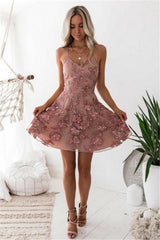 Elegant Pink Floral Homecoming Dresses Spaghetti Straps Lace Appliques Hoco Dresses-stylesnuggle