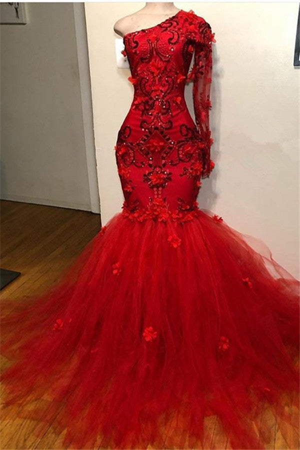 Wanna Evening Dresses in one shoulder,  mermaid style,  and delicate lace appliques work? stylesnuggle has all covered on this Elegant Red One-Shoulder Long-Sleeves Appliques Mermaid Prom Party Gowns On Sale with cheap prices.