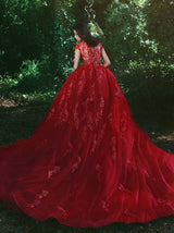 stylesnuggle.com custom made luxurious red ball gown formal dress,  v-neck cap sleeves lace applique over-skirt evening dress,  and chapel train prom dress. Get elegant design with top quality,  lowest price and free shipping,  affordable price, all colors and sizes.