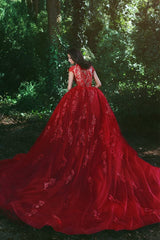 stylesnuggle.com custom made luxurious red ball gown formal dress,  v-neck cap sleeves lace applique over-skirt evening dress,  and chapel train prom dress. Get elegant design with top quality,  lowest price and free shipping,  affordable price, all colors and sizes.