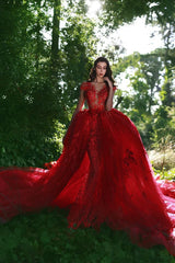 stylesnuggle.com custom made luxurious red ball gown formal dress,  v-neck cap sleeves lace applique over-skirt evening dress,  and chapel train prom dress. Get elegant design with top quality,  lowest price and free shipping,  affordable price, all colors and sizes.