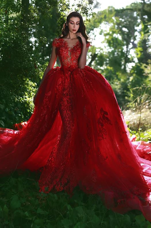 stylesnuggle.com custom made luxurious red ball gown formal dress,  v-neck cap sleeves lace applique over-skirt evening dress,  and chapel train prom dress. Get elegant design with top quality,  lowest price and free shipping,  affordable price, all colors and sizes.