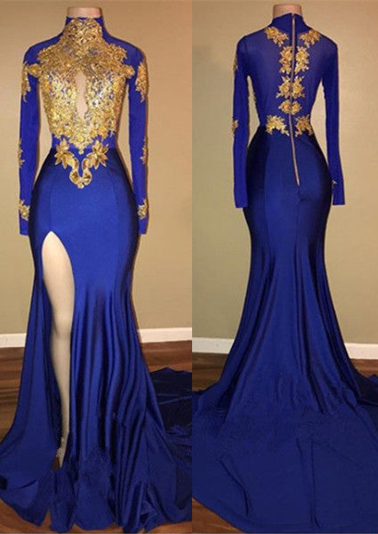 Looking for custom made elegant royal blue mermaid Long Sleeves Prom Party Gowns with lace appliques. Free shipping,  high quality,  fast delivery,  made to order dress. Discount price. Affordable price. stylesnuggle.