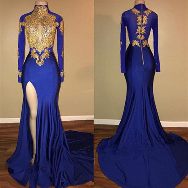 Looking for custom made elegant royal blue mermaid Long Sleeves Prom Party Gowns with lace appliques. Free shipping,  high quality,  fast delivery,  made to order dress. Discount price. Affordable price. stylesnuggle.