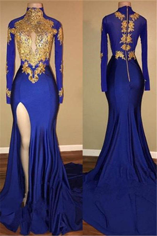 Elegant Royal Blue Prom Party GownsMermaid Long Sleeves With Appliques-stylesnuggle