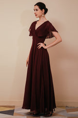 Elegant Rust Cool-shoulder V-neck Chiffon Evening Dress-stylesnuggle