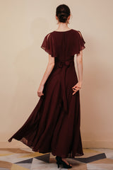 Elegant Rust Cool-shoulder V-neck Chiffon Evening Dress-stylesnuggle