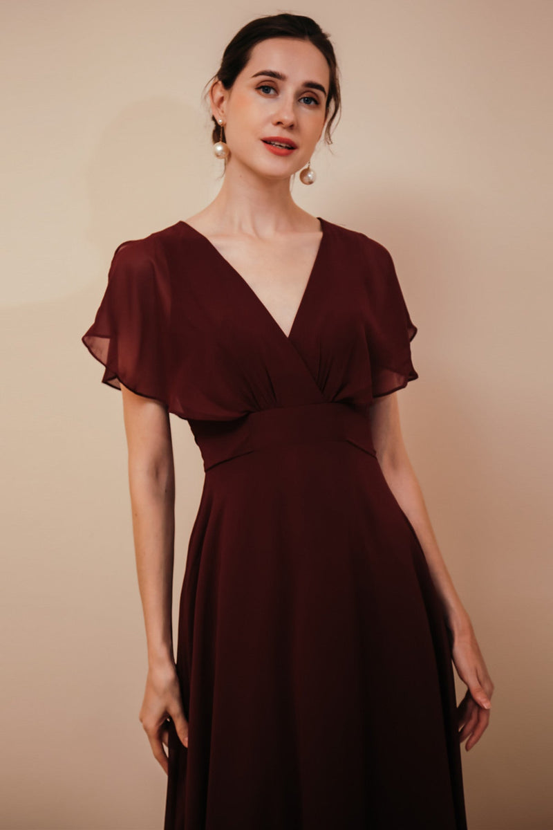 Elegant Rust Cool-shoulder V-neck Chiffon Evening Dress-stylesnuggle