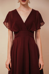 Elegant Rust Cool-shoulder V-neck Chiffon Evening Dress-stylesnuggle