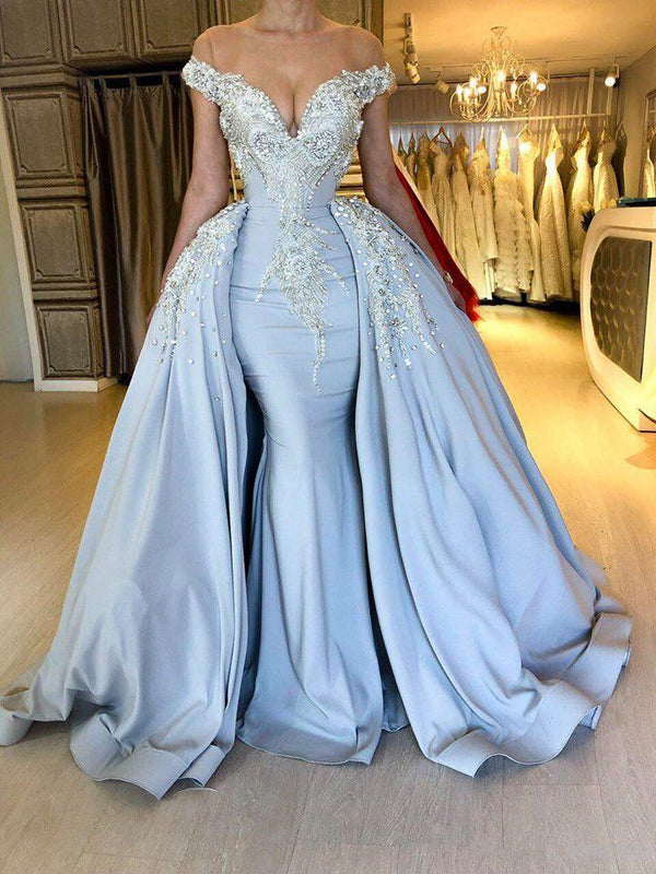 Wanna Prom Dresses, Evening Dresses in blue Mermaid style,  and delicate Crystal work? stylesnuggle has all covered on this elegant Elegant Sky Blue Mermaid Off-the-Shoulder Prom Dresses Sweetheart Discount Overskirt Evening Dresses On Sale yet cheap price.