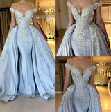 Wanna Prom Dresses, Evening Dresses in blue Mermaid style,  and delicate Crystal work? stylesnuggle has all covered on this elegant Elegant Sky Blue Mermaid Off-the-Shoulder Prom Dresses Sweetheart Discount Overskirt Evening Dresses On Sale yet cheap price.