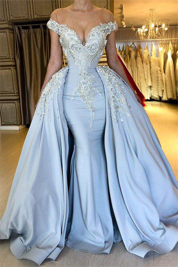 Wanna Prom Dresses, Evening Dresses in blue Mermaid style,  and delicate Crystal work? stylesnuggle has all covered on this elegant Elegant Sky Blue Mermaid Off-the-Shoulder Prom Dresses Sweetheart Discount Overskirt Evening Dresses On Sale yet cheap price.