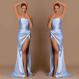 Elegant Sky Blue Strapless Mermaid Prom Dress Long Split-stylesnuggle