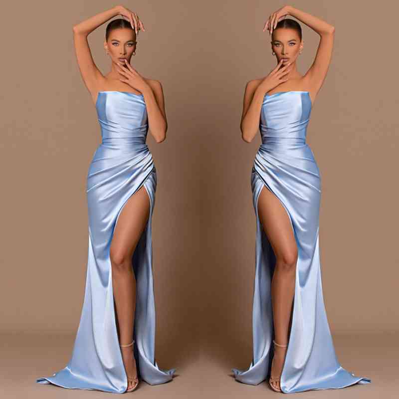 Elegant Sky Blue Strapless Mermaid Prom Dress Long Split-stylesnuggle