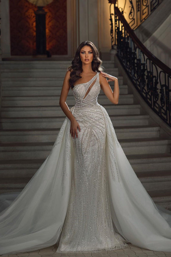 Elegant Sleeveless Mermaid Sequins Wedding Dress with Lace-stylesnuggle