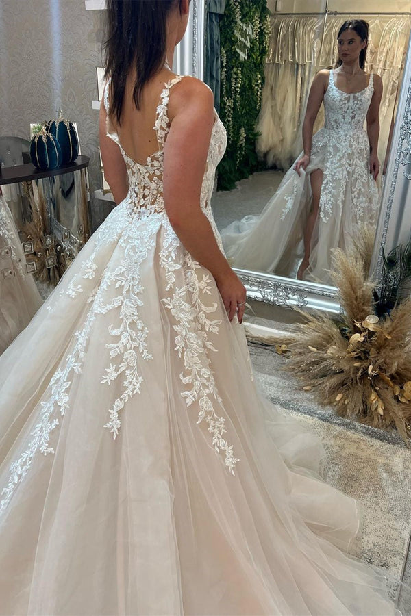 Elegant Sleeveless Straps Lace Wedding Dress Long Slit Online-stylesnuggle