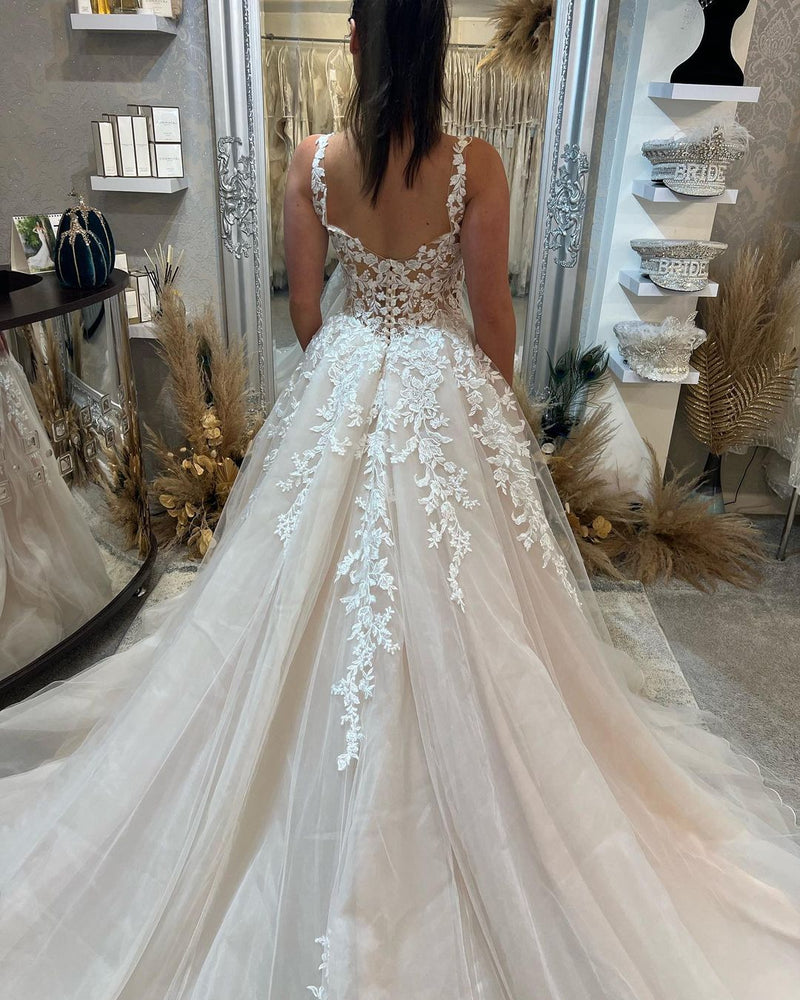 Elegant Sleeveless Straps Lace Wedding Dress Long Slit Online-stylesnuggle