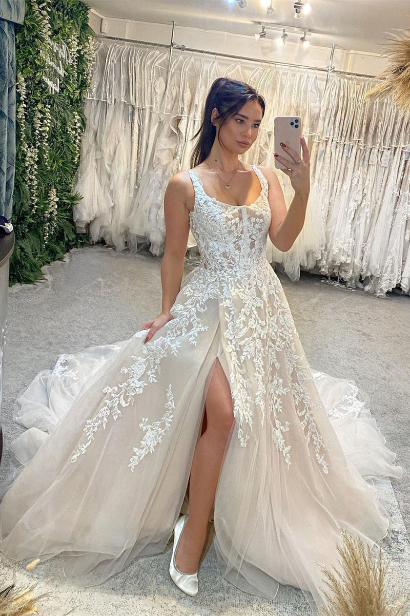 Elegant Sleeveless Straps Lace Wedding Dress Long Slit Online-stylesnuggle