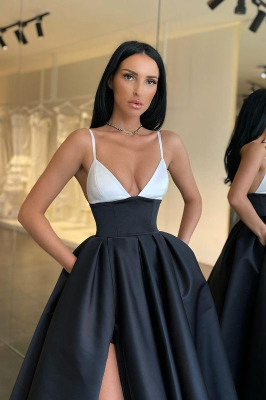 Elegant Spaghetti-Straps Black and White Prom Dress Long With Slit-stylesnuggle