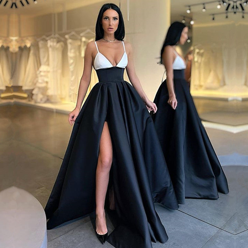 Elegant Spaghetti-Straps Black and White Prom Dress Long With Slit-stylesnuggle