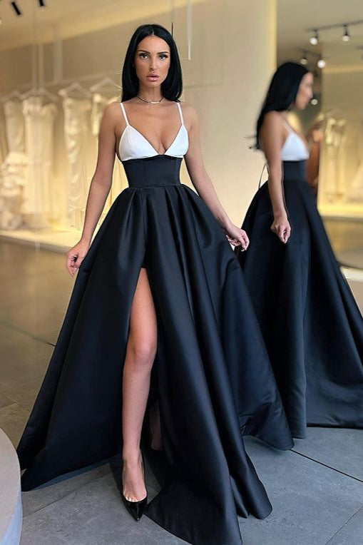 Elegant Spaghetti-Straps Black and White Prom Dress Long With Slit-stylesnuggle