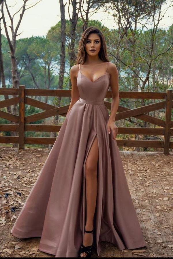 Elegant Spaghetti-Straps V-Neck Prom Dress Long With Split-stylesnuggle