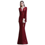 stylesnuggle offers Elegant Sparkle Sequined Burgundy Long Sleeves V-neck Mermaid Long Prom Party Gowns at a cheap price from Prom Dresses, Evening Dresses, Homecoming Dresses, Quinceanera dresses collection. Free Fast shipping on affordable Prom Dresses, Evening Dresses, Homecoming Dresses, Quinceanera dresses On Sale.