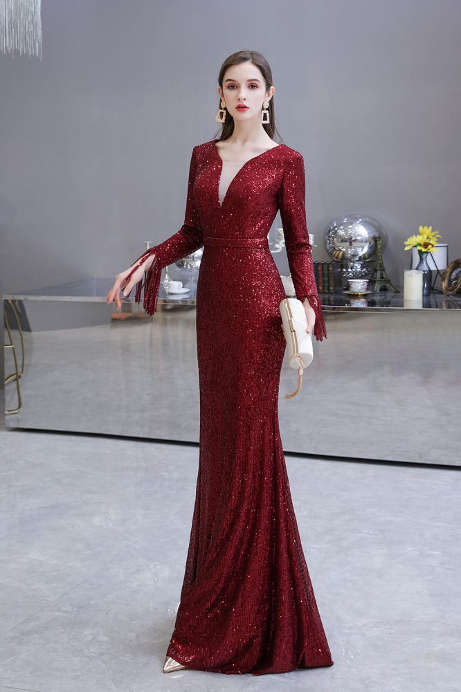 stylesnuggle offers Elegant Sparkle Sequined Burgundy Long Sleeves V-neck Mermaid Long Prom Party Gowns at a cheap price from Prom Dresses, Evening Dresses, Homecoming Dresses, Quinceanera dresses collection. Free Fast shipping on affordable Prom Dresses, Evening Dresses, Homecoming Dresses, Quinceanera dresses On Sale.