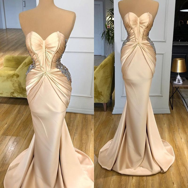 Elegant Sweetheart Champagne Prom Dress Mermaid Long With Crystals-stylesnuggle