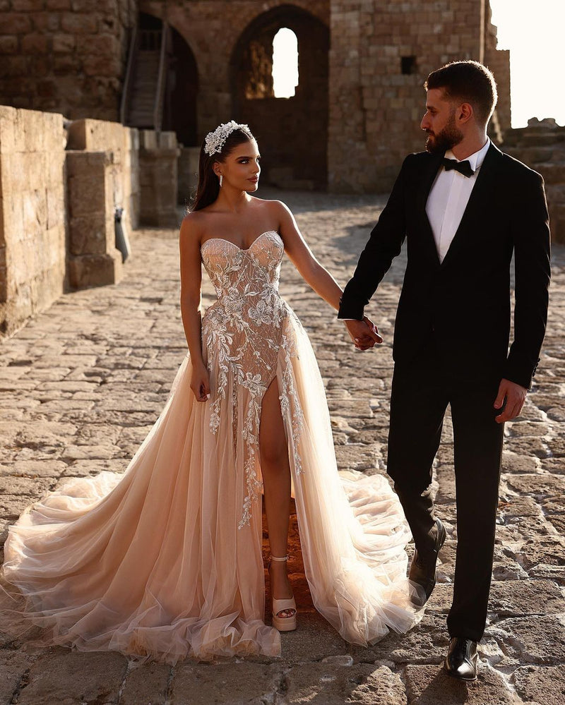 Elegant Sweetheart Long Glitter Lace Wedding Dress Long Slit Online-stylesnuggle