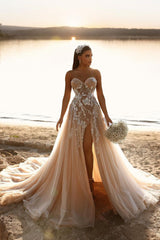 Elegant Sweetheart Long Glitter Lace Wedding Dress Long Slit Online-stylesnuggle