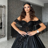 Elegant Sweetheart Off-the-Shoulder Black Prom Dresses with Beads-stylesnuggle