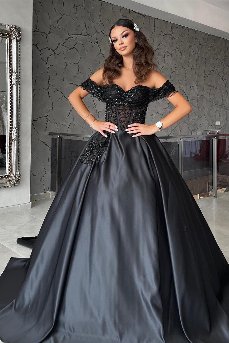 Elegant Sweetheart Off-the-Shoulder Black Prom Dresses with Beads-stylesnuggle