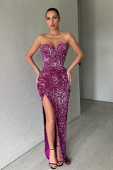 Elegant Sweetheart Sequins Prom Dress Mermaid Long Split Evening Gowns-stylesnuggle