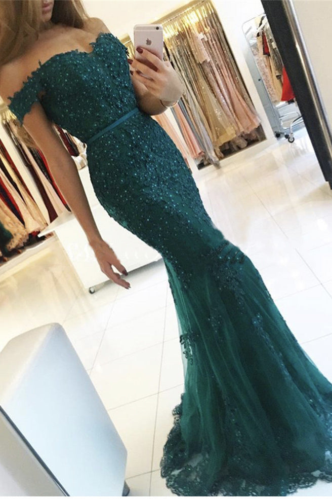 Elegant Tulle Off-the-shoulder Green Mermaid Evening Dress Sequins Lace Long-stylesnuggle