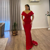 Elegant V-Neck Off-the-Shoulder Mermaid Ruby Prom Dresses Long Slit Online-stylesnuggle