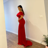 Elegant V-Neck Off-the-Shoulder Mermaid Ruby Prom Dresses Long Slit Online-stylesnuggle