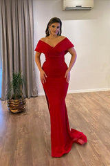 Elegant V-Neck Off-the-Shoulder Mermaid Ruby Prom Dresses Long Slit Online-stylesnuggle