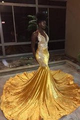 This beautiful Elegant V-Neck Sleeveless Mermaid Appliques Yellow Prom Party Gownswill make your guests say wow. The V-neck bodice is thoughtfully lined,  and the skirt with Appliques to provide the airy,  flatter look.