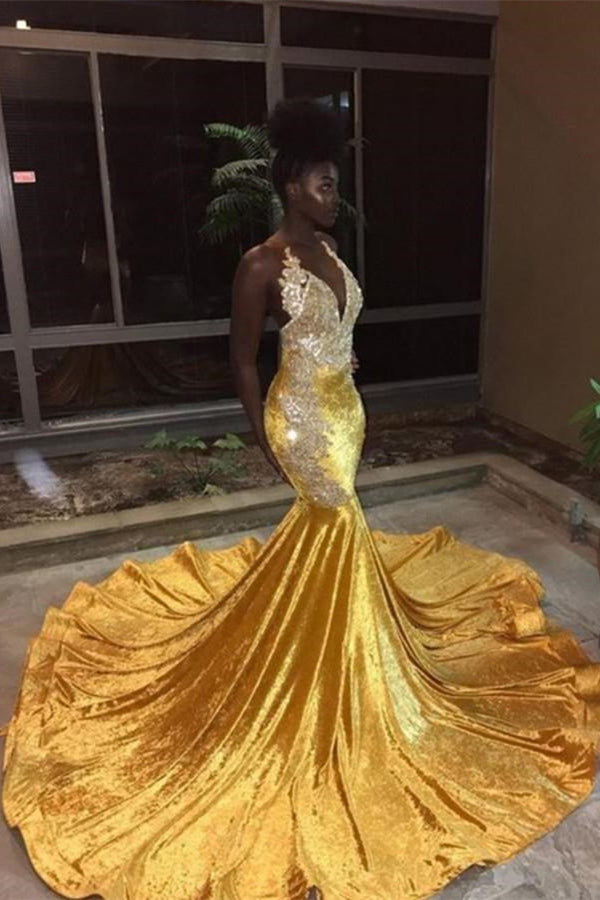 Elegant V-Neck Sleeveless Mermaid Appliques Yellow Prom Party Gowns-stylesnuggle