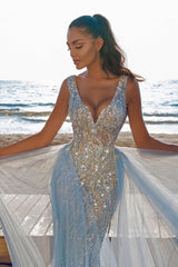 stylesnuggle offers Elegant V-Neck Slim Prom Party Gowns with Detachable Train Mermaid Evening Dress at a good price. Browse Satin material to Mermaid Floor-length hem.. Elegant yet affordable Sleeveless Prom Dresses online.