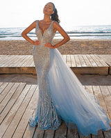 stylesnuggle offers Elegant V-Neck Slim Prom Party Gowns with Detachable Train Mermaid Evening Dress at a good price. Browse Satin material to Mermaid Floor-length hem.. Elegant yet affordable Sleeveless Prom Dresses online.