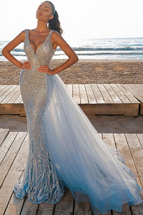 stylesnuggle offers Elegant V-Neck Slim Prom Party Gowns with Detachable Train Mermaid Evening Dress at a good price. Browse Satin material to Mermaid Floor-length hem.. Elegant yet affordable Sleeveless Prom Dresses online.