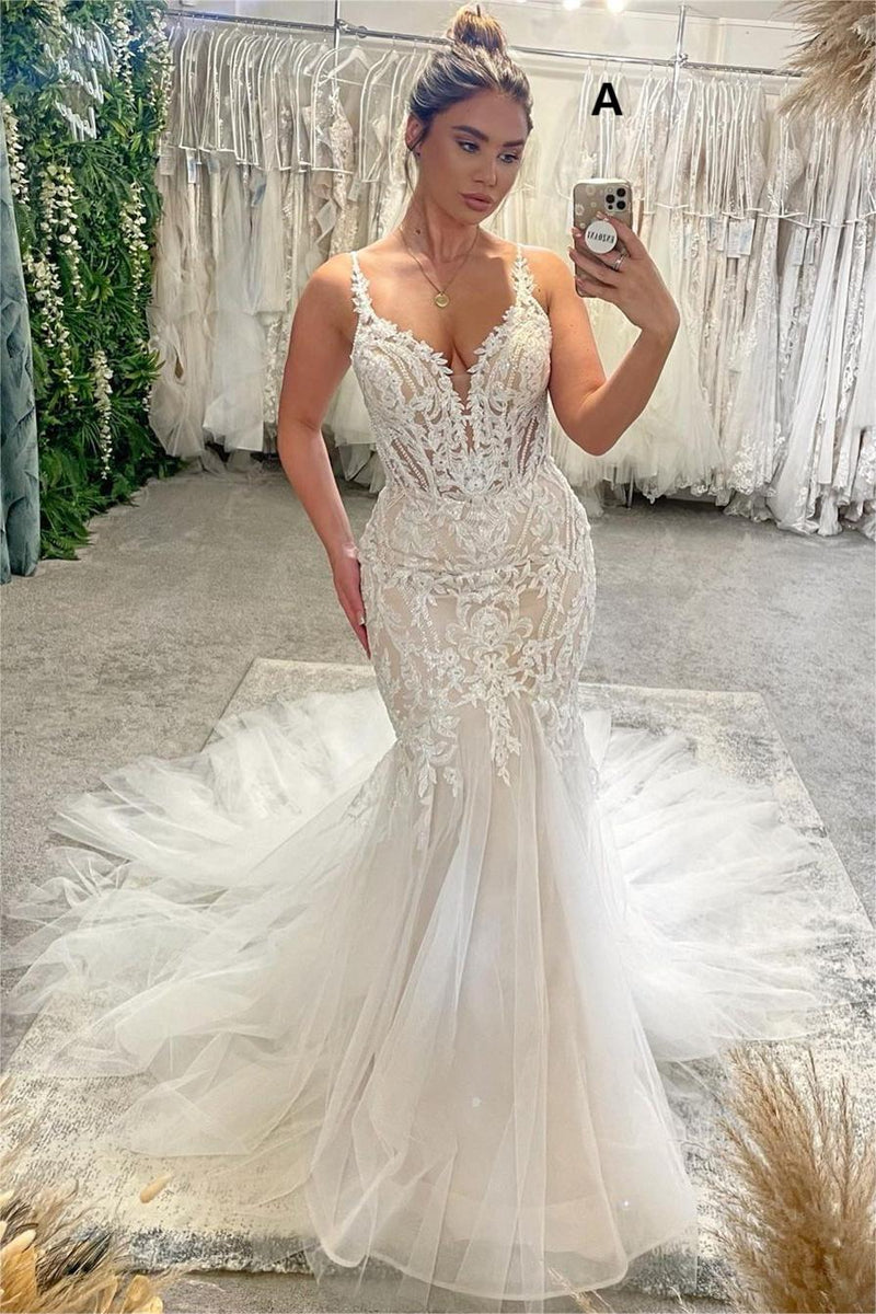 Elegant V-Neck Spaghetti Straps Sleeveless Mermaid Wedding Dress-stylesnuggle