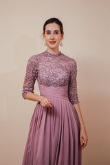 Elegant Violet 3/4 sleeves High waist Beaded Lace Chiffon Evening Dress-stylesnuggle