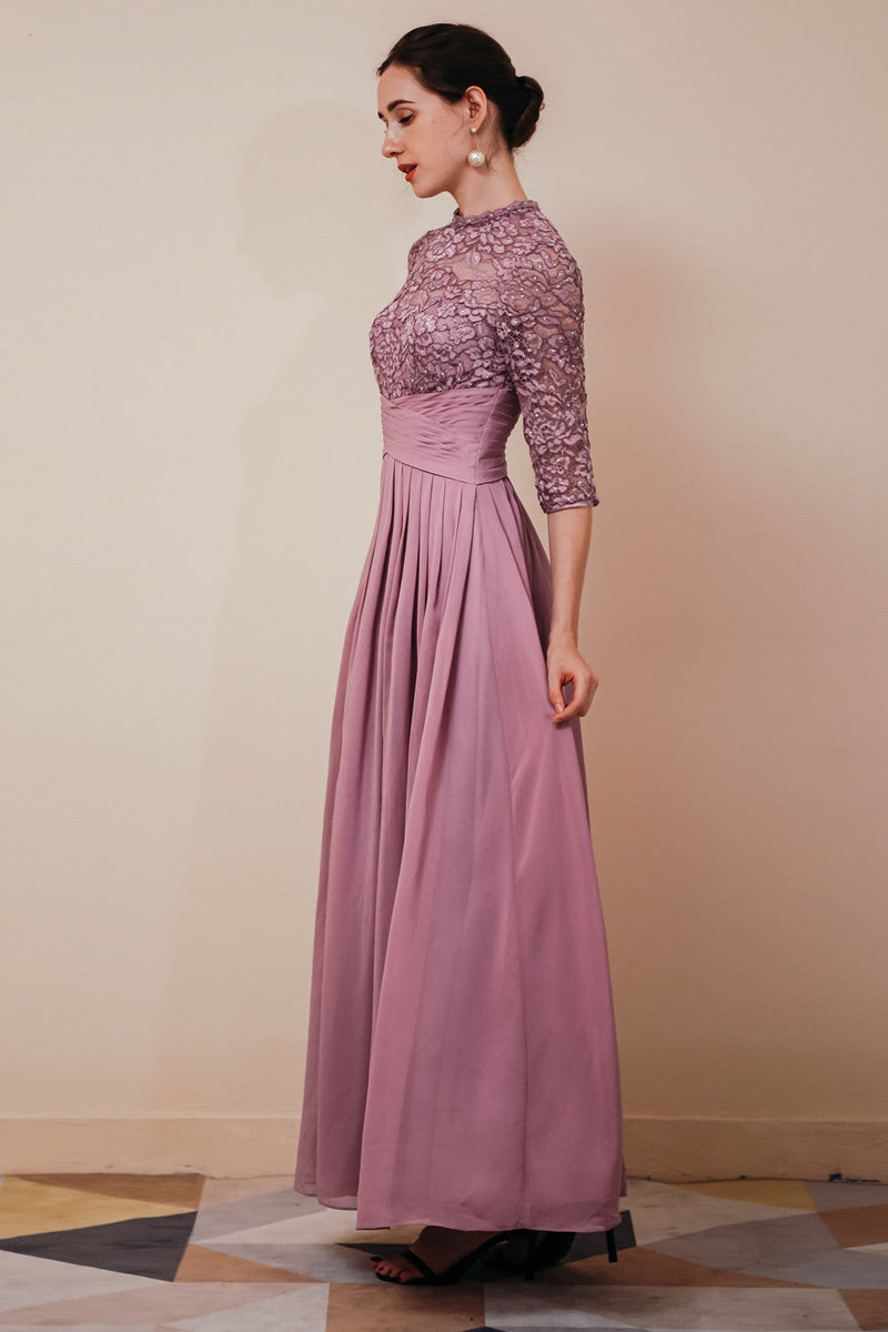 Elegant Violet 3/4 sleeves High waist Beaded Lace Chiffon Evening Dress-stylesnuggle