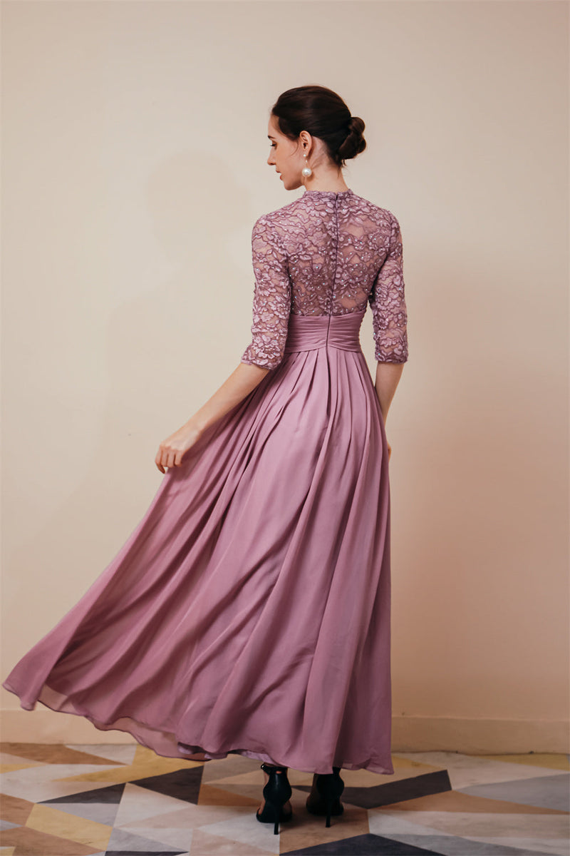 Elegant Violet 3/4 sleeves High waist Beaded Lace Chiffon Evening Dress-stylesnuggle